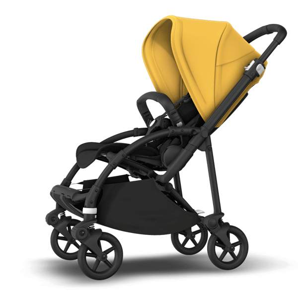 Bugaboo Bee 6 stroller with seat and yellow sun canopy.